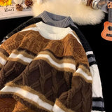 Shopmocho American autumn and winter street fashion personalized jacquard round neck pullover for couples loose retro color blocked knit