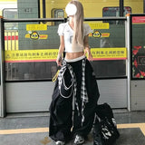 Shopmocho Y2K Black Cargo Pants Women Streetwear Plaid Patchwork Baggy Sweatpants Harajuku Wide Leg Joggers Summer Korean Casual Trousers