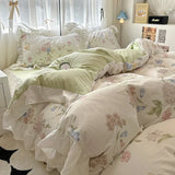 Shopmocho 1.5/1.8 Korean Style 100% Cotton Fitted Sheet Sets with Lace Flower Print Bedding Set for Seasons Home Bedclothes for Adult Kids