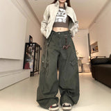 SHOPMOCHO Retro Green Work Pants High Waist Wide Leg Loose Fit for Men And Women Street Style Casual Comfortable Denim Trousers