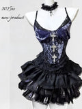 SHOPMOCHO Summer Gothic Retro Fur Trim Corset Design Woman Suit Y2k Slim Lolita Elegant 2 Piece Sets Female Korea Style Sexy Chic Outfits