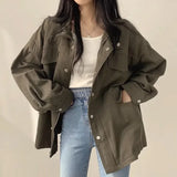 Shopmocho Retro Korean Chic Autumn Utility Jacket Waist Cinching Drawstring Slimming Women's Coat Fake Pocket Design Elegant Style