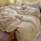 SHOPMOCHO Washed Cotton Duvet Cover Sets Single/Queen/king Flower Printed Bedding Set Princess Style e housse de couette 220x240 with Lace