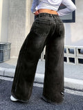 SHOPMOCHO Girls Y2K Washed Fabric Five-Star Pattern Patchwork Denim Straight-Leg Pants Versatile Trendy All-Seasons.Full elastic waistband