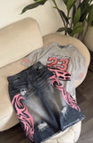 SHOPMOCHO Black Washed Wear Out Ripped Denim Shorts High Street Baggy Straight Leg Pink Printed Five Quarter Pants Mid Waist Gothic Shorts