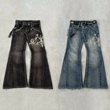 SHOPMOCHO Y2K new American retro embroidery pattern women horn -shaped jeans street fashion Gothic slim mop pants women jeans