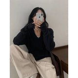 SHOPMOCHO MEXZT Streetwear Gray Sweater Women Fashion V Neck Knitted Pullovers Korean Long Sleeve Knitwears Winter Buttons Design Jumpers