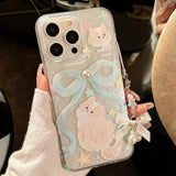 Shopmocho Cartoon Cat Case for iPhone 11 12 13 14 Plus 15 Pro MAXS Pearl Phone Case Shiny Bow Lanyard Shockproof Bumper Cover