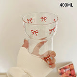 Shopmocho INS Pink Bow Glass Cups Iced Coffee Mug Clear Drinking Glasses Tumbler Milk Tea Juice Water Cup Dessert Cups Drinkware 260-380ML