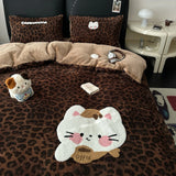 SHOPMOCHO Kawaii Bear Embroidered Winter Bedding Set Thickened Warm Milk Velvet Duvet Cover Set with Sheets Soft Flannel Quilt Cover Kit