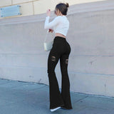 Shopmocho Women High Waist Black Flare Jeans Lady Bell Bottom Ripped Denim Pants Streetwear Distressed Classic Full Length Long Trouser