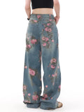 SHOPMOCHO 2025 Ropa Y2K Fashion Peach Blossom Printed Baggy Jeans Pants For Women Clothing Wide Leg Casual Lady Trousers Pantalon Femme