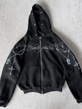 Shopmocho Winter Fashion Streetwear Women's Gothic Punk Faux Fur Hooded Jacket With Cross Print Trendy Edgy Zip - Up Sweatshirt 2025 New