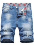 SHOPMOCHO Men's denim shorts with summer frayed elastic men's casual pants slim-fit European-style shorts tight and worn-out men's pants