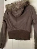 SHOPMOCHOVintage Fur Trim Hooded Bomber Jacket Womens Brown Zipper Coat with Sherpa Lining Ribbed Cuffs Y2K Winter Keep Warm Coats