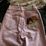 Shopmocho Y2K Light Pink Baggy Straight Leg Jeans Womens Clothing Harajuku Classic Angel Graphic Printed Trousers Gothic High Waist Pants