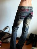 Shopmocho Y2k Vintage Embroidered Low Waist Jeans Blue Jeans Embroidered Diamonds Pocket Hip Hop Streetwear Harajuku Gothic Wide Pants