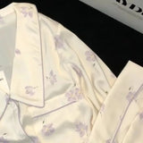 SHOPMOCHO 2026 New Ice Silk 2 Pieces Pajamas for Women Autumn Spring Women's Pajamas Set Elegant Ptinting Flower Home Wear Soft Sleepwear