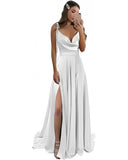 Shopmocho Satin Prom Dresses Pockets Draped Neck Long Formal Evening Gown Spaghetti Strap A line Bridesmaid Dress Lace Up Back with Slit
