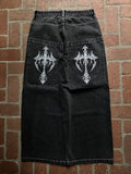 SHOPMOCHO Men Gothic Cross Print Black Denim Baggy Pants Mid Waist Big Pocket Design Loose Fit Hip Hop Streetwear Jeans for Daily Casual