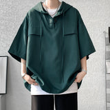 SHOPMOCHO 5 Colors Summer Hooded T shirt Men Korean Half Sleeve Pullover Streetwear Loose T-shirt Tops Drawstring Men Clothing