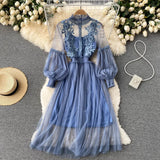 Shopmocho Ladies Dress Three-dimensional Flower Hook Mesh Temperament Stand Collar Lantern Sleeve High Waist Slim Female Dresses