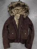 SHOPMOCHO Autumn Winter Vintage Windproof Hooded Jacket Lambswool Lining Warm Zipper Hoodie Women Cotton Brown Zipper Jackets Y2k Coat