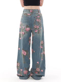 SHOPMOCHO 2025 Ropa Y2K Fashion Peach Blossom Printed Baggy Jeans Pants For Women Clothing Wide Leg Casual Lady Trousers Pantalon Femme