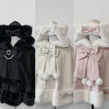 SHOPMOCHO Winter New Lolita Shawl Overcoat Women Design Bow Hooded Patchwork Kawaii Cope Coat Female Warm Chic Sweet Christmas Coat