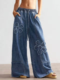 SHOPMOCHO Women's Pants Loose Wide Leg Jeans Embroidery Elastic Waistband Drawstring Adjustable High Rise Comfort