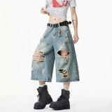 SHOPMOCHO Summer Trendy Men Jeans Ripped Loose Casual Man Pants Artistic Design Cropped Long Denim Trousers