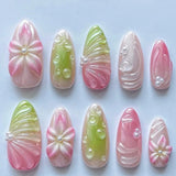 Shopmocho 24pcs Wearable False Nail Strawberry Bow Design Nails Tips Red Short Almond Pearl Starlight Fake Nail Art Flower Press on Nails