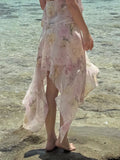 Shopmocho Rockmore Bohemian Floral Printed Mesh Skirt with Asymmetrical Ruffled Hem Romantic Elegant Beach Vacation Skirts for Summer