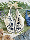 SHOPMOCHO Women Floral Embroidered Halter Top Boho Sleeveless Backless Tie Neck Crop Tank Summer Beach Vacation Camisole