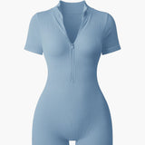 SHOPMOCHO-Women's Textured Short Sleeve Zip Front Athletic Yoga Bodysuit Bodybuilding Slimming One Piece Hip Lifting