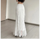 SHOPMOCHO-SylCue Lace Patchwork Skirts Women High Waist Hip-Covering Irregular Casual Fashion Creamy Sweet Style Ruched Elegant Outfits
