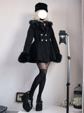 SHOPMOCHO Winter New Japanese Slim Bow Long Sleeve Coat Fashion Elegant Fur Collar Lace Overcoat Women Design Chic Sweet Woolen Cloth Coat