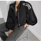 Shopmocho Loose Stand Collar Striped Design Two Bars Korean Chic Women's Jacket Versatile Outerwear Full Sleeve Korean Style