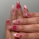 Shopmocho 24pcs Sweet False Nail Patches Detachable Fake Nail Tips With Bowknots Love Heart Pearl Design Pink Almond Korean Press On Nail