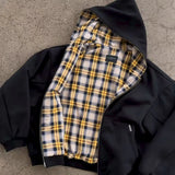 SHOPMOCHO Korean Yellow Plaid Double-Sided Zipper Black Sweatshirt Hoodie Men And Women American Retro Fashion Casual Loose Jacket
