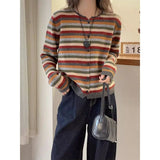 Shopmocho Round Neck Long Sleeve Color Striped Knitted Cardigan for Women in Autumn New Fashionable and Fashionable Sweater Jacket
