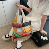 Shopmocho Cute Little Fish Relaxed Knitted Bag 2025 Summer New Commuter Versatile Shoulder Bag Contrasting Cut Out Tote Bag