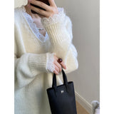 Shopmocho Lace Trim Warm Sweater For Women V Neck Long Sleeve Winter Loose Soft Top