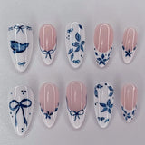 SHOPMOCHO 24pcs White Flower Fake Nail Tips Ins Yellow Pink Blush False Nails Wearable Full Cover European Almond Shaped Press on Nails