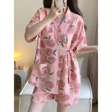 SHOPMOCHO Womens Nightwear Loungewear Kimono Pajamas Student Short Sleeves Shorts Peach Print Tops and Pants Set Sleepwear Comfortable