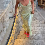 Shopmocho Sexy Backless Maxi Dress Summer Dresses Cross Halter Fashion U Neck Slim Glitter Evening Robe 2025 Summer Lady Beach Dresses
