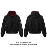 SHOPMOCHO American Dark Gothic Streetwear Cropped Hooded Jacket Men Women Red Faux Fur Lined Oversized Zip Up Rivet Winter Outerwear