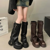 Shopmocho Winter Women Biker Boots Fashion Belt Buckle Ladies Elegant Platform Long Pipe Booties Casual Women's Knee High Booties