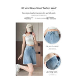 SHOPMOCHO 2026 Summer Women's High Waist Denim Shorts, Light Blue Lace Trim. Loose Fit, Slimming & Hide Leg Flaws