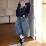 SHOPMOCHO American retro plaid pocket wide-leg short jeans for women loose and casual straight high waist slimming men and women pants